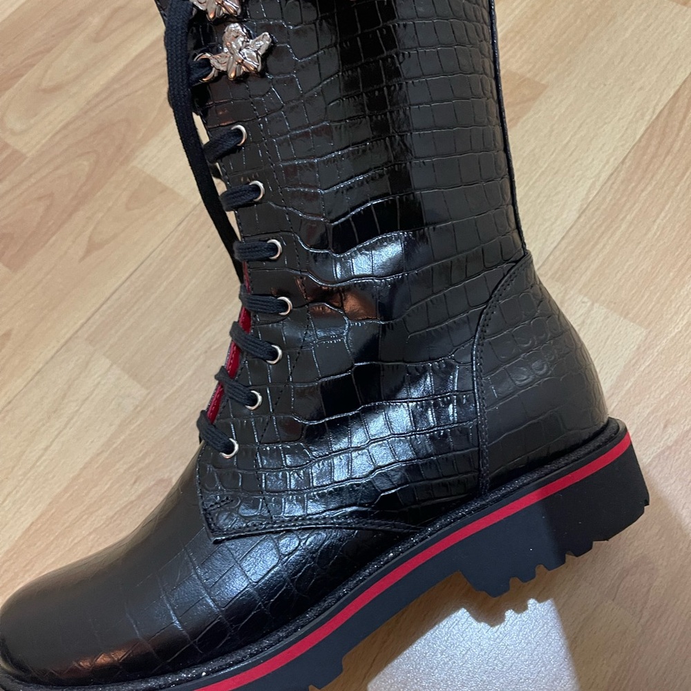 Stunning Black Crocodile Pattern Women's Combat Boots with Red Accents. - Picture 2 of 11